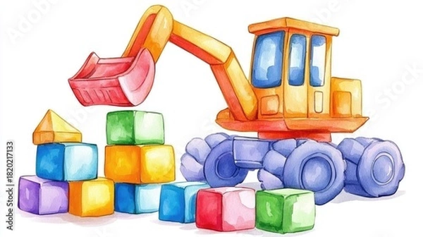 Obraz Colorful Excavator Playing with Building Blocks in Child's Room