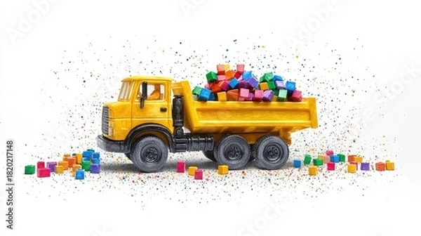 Obraz Colorful Toy Truck Loaded with Building Blocks on White Background