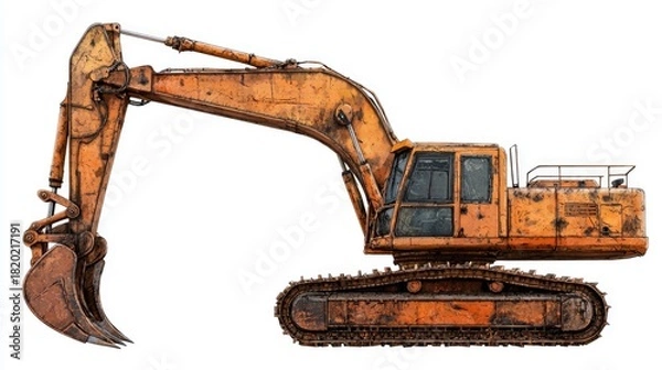 Obraz Old Rusty Excavator Machine on White Background for Construction Use