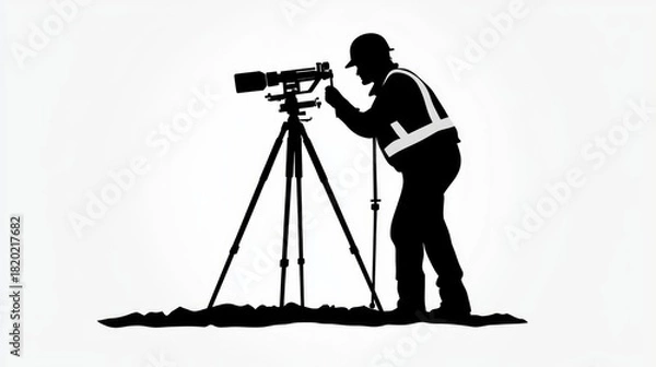 Obraz Silhouette of a Surveyor Using a Total Station on a White Background
