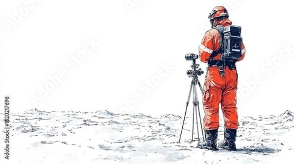 Obraz Researcher in Orange Suit on Snowy Landscape with Tripod Equipment