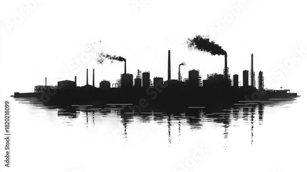 Obraz Silhouette of Industrial Landscape with Smokestacks and Reflection