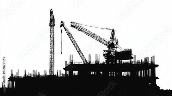 Obraz Silhouette of Construction Site with Cranes and Building Framework