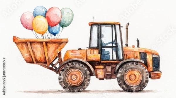 Obraz Colorful Balloons on Yellow Tractor in Playful Watercolor Style