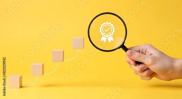 Fototapeta Quality assurance concept with wooden blocks and magnifying glass on yellow
