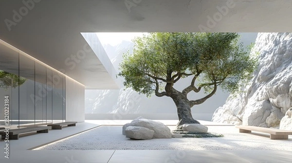 Fototapeta Modern Zen Meditation Courtyard Minimalist Raw Concrete Oak Belgian Wabi-Sabi Style Ancient Olive Tree Natural Boulders White Gravel Serene Light Elegant Simplicity Tranquil Ambiance (AI-Generated)