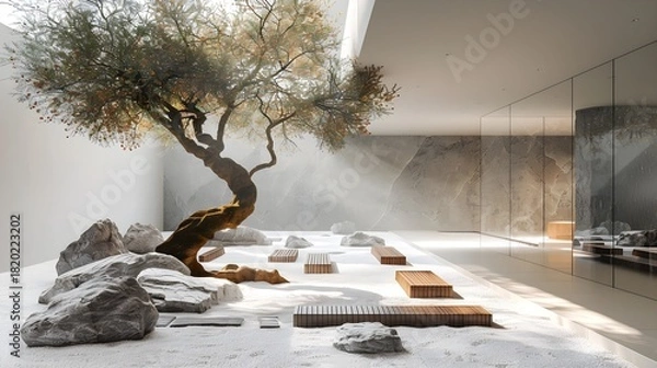 Fototapeta Modern Zen Meditation Courtyard Minimalist Raw Concrete Oak Belgian Wabi-Sabi Style Ancient Olive Tree Natural Boulders White Gravel Serene Light Elegant Simplicity Tranquil Ambiance (AI-Generated)