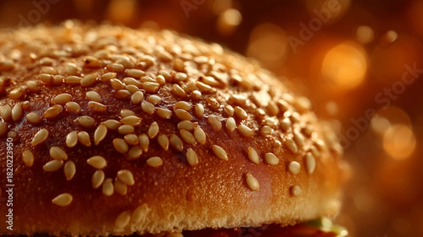 Fototapeta A warm burger bun topped with sesame seeds, captured in close macro lighting that highlights the toasted golden surface and scattered textured seeds.