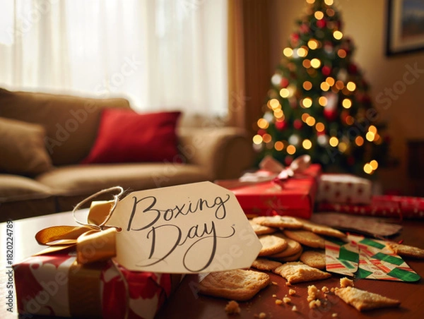 Obraz Festive Boxing Day scene with gifts and Christmas tree ambiance