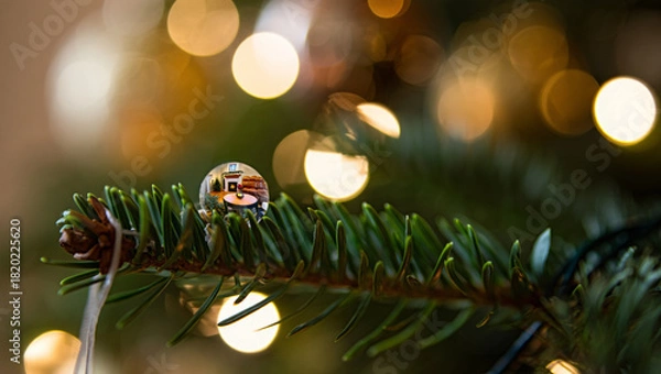 Obraz Festive holiday atmosphere with Christmas tree branch and blurred lights