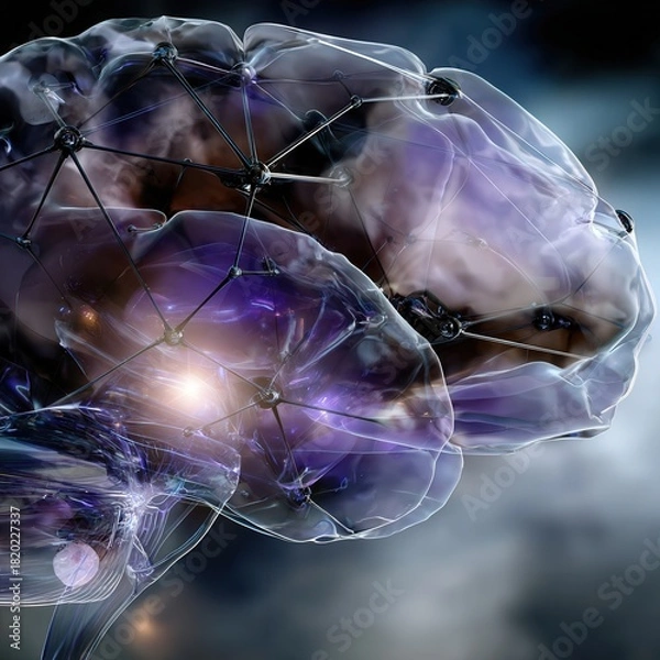 Obraz Glowing neural lines form a stylized brain with a bright central node expanding into an abstract growth chart on a deep purple background.