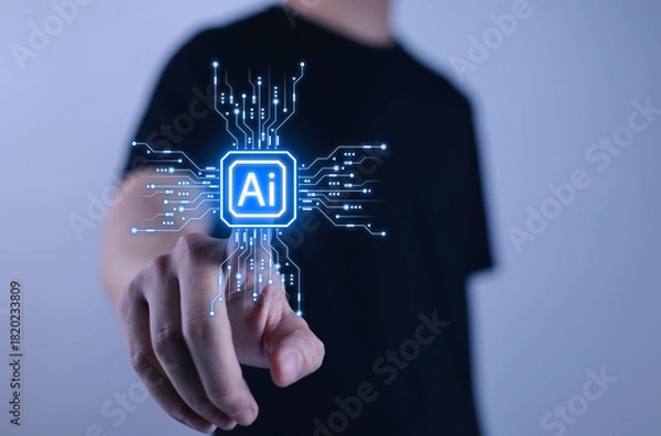 Fototapeta 
Glowing AI interface icon for business professionals with futuristic digital elements, representing innovation, machine learning, technology solutions, automation, modern data applications.