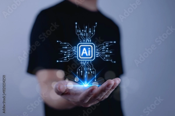 Fototapeta 
Glowing AI interface icon for business professionals with futuristic digital elements, representing innovation, machine learning, technology solutions, automation, modern data applications.
