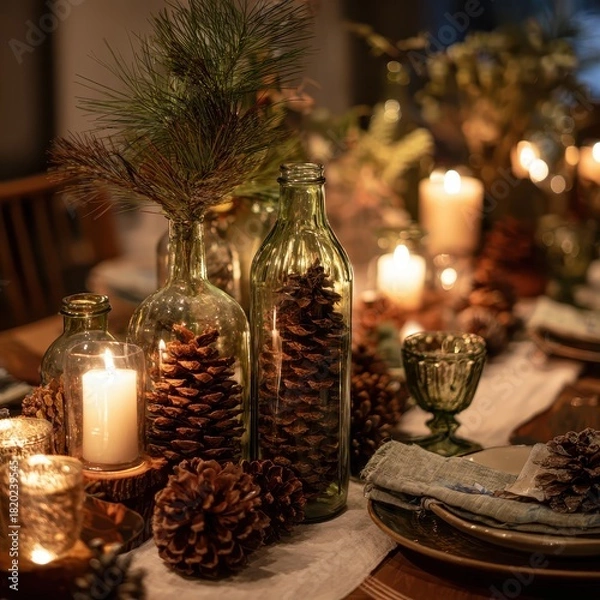 Fototapeta A table with pine cones and pine cones