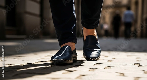 Obraz Person walking in blue loafers on pavement
