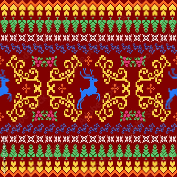Fototapeta Colorful christmas and winter knitting pattern Nordic sweater style. Ugly Christmas sweater seamless pattern with christmas trees, deer, snowflakes, heart and geometric motifs. Stock illustration