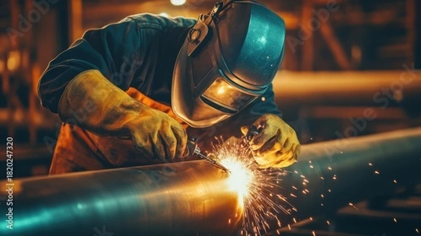 Obraz Welding worker with safety gloves and mask working on pipeline. Dim industrial light. Metal factory background.