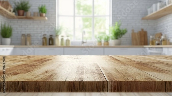 Obraz Clean empty table surface ready for product display. Bright natural light. Home kitchen background.