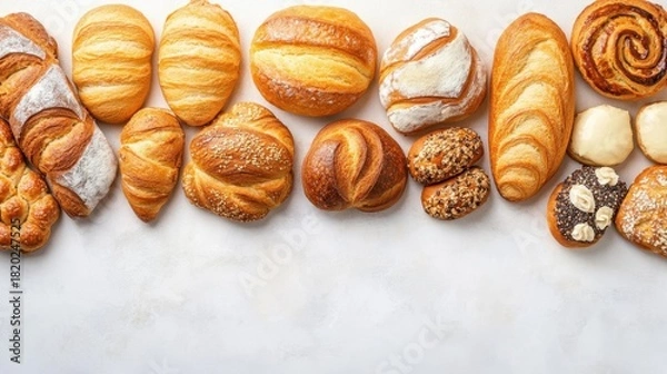 Obraz Colorful assortment of bakery items with copy space. Bright daylight. Cafe kitchen background.