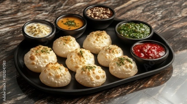 Obraz Elegant pani puri platter on marble table with bowls of chutneys and spices, overhead view, soft studio light, minimal modern restaurant background.