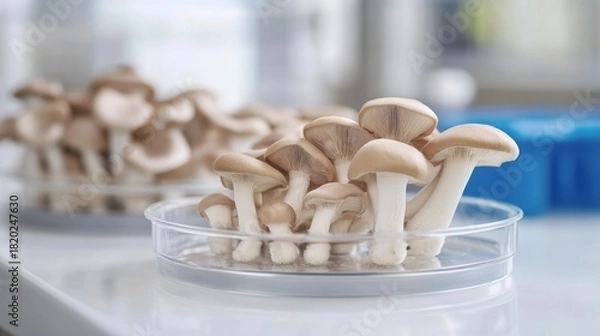 Obraz Medical mushroom samples placed in glass petri dish on lab table. Soft daylight. Scientific laboratory background.