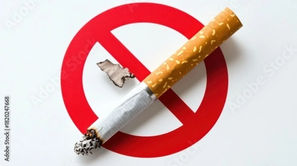 Obraz No smoking sign with a broken cigarette beside it emphasizing health awareness. Soft light. Clean white background.