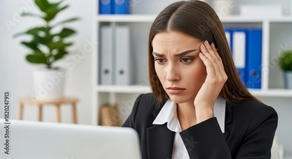Fototapeta Young businesswoman looking stressed while working on a laptop in an office setting.