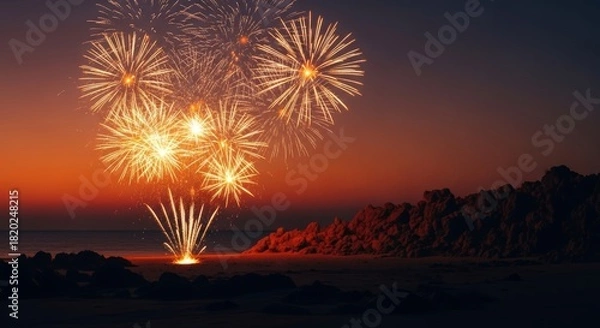 Fototapeta Spectacular Fireworks Display Over a Coastal Landscape at Dusk.