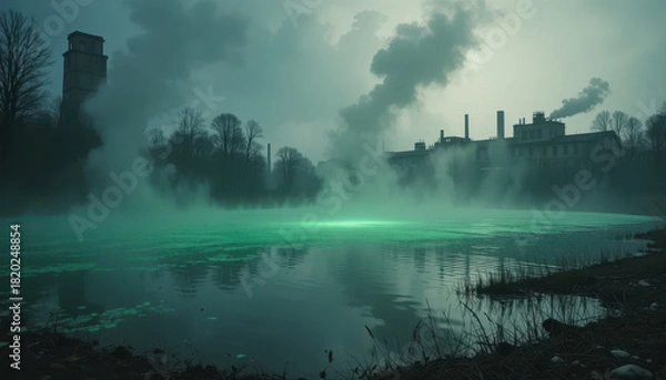Obraz Mysterious green fog over industrial lake abandoned factory atmospheric landscape twilight surrealism