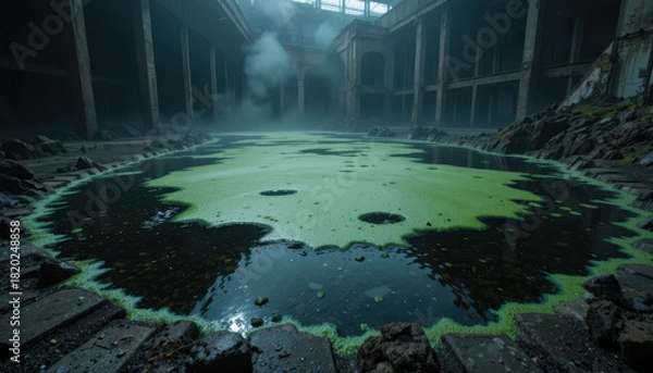 Fototapeta Exploring abandoned industrial site with toxic algae pond urban decay environmental impact atmospheric perspective