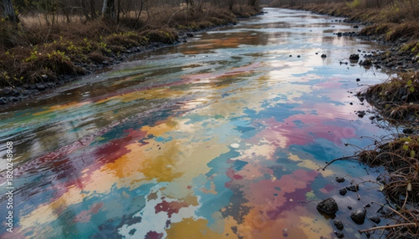 Obraz Pollution awareness colorful oil slick on river natural environment outdoor scene environmental impact