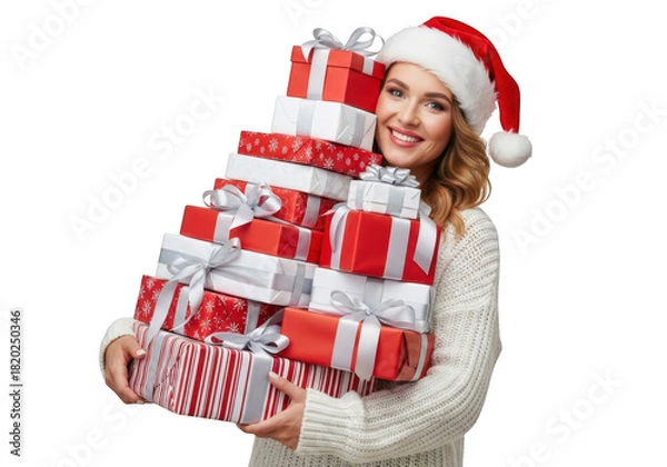 Obraz Woman in santa hat holding a pile of christmas gifts, isolated on transparent background