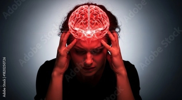 Obraz Man with glowing red brain experiencing intense headache or migraine.