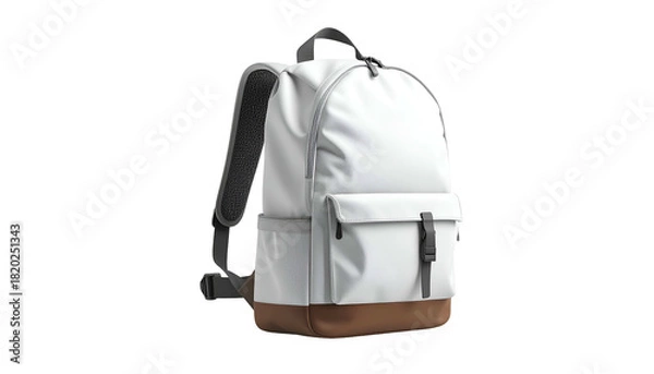 Obraz White and gray backpack with brown base, side pockets, and black straps against black