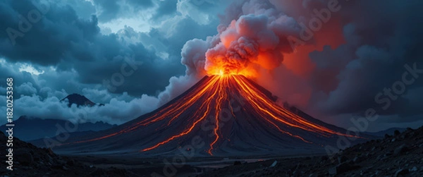 Fototapeta Volcanic eruption shows powerful lava flow mountainous region nature photography dramatic skies captivating view of nature's fury