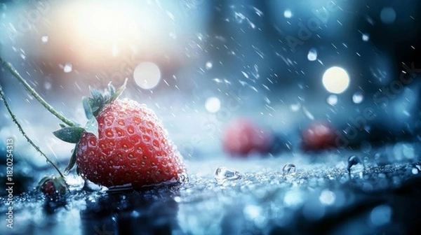 Fototapeta A close-up of a ripe red strawberry resting on a dark, wet surface, with raindrops falling and creating ripples. In the background, out-of-focus strawberries an
