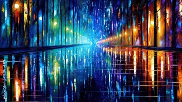 Fototapeta A vibrant, impressionistic depiction of a street at night with colorful lights reflecting on a wet, mirrored pavement. The scene is abstract and dreamlike, with