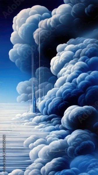 Fototapeta A vast expanse of dramatic, volumetric clouds in shades of white and deep blue, with thin, glowing digital lines forming pathways leading towards a futuristic c