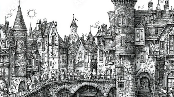 Fototapeta A detailed black and white illustration of a bustling medieval town with whimsical architecture, a stone bridge, and small, cheerful characters. The sun is shin