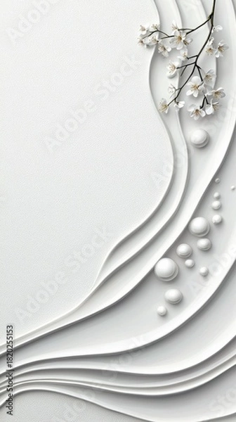 Fototapeta A delicate branch of white cherry blossoms cascades over abstract, flowing white waves and a scattering of small white spheres, creating a serene and elegant co