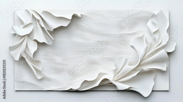 Fototapeta A textured white sculpture with flowing fabric elements and a background of fine horizontal lines, creating a sense of movement and elegance.