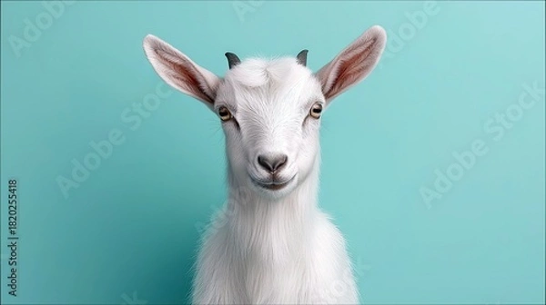 Fototapeta A close-up portrait of a young white goat with large ears and small horns, looking directly at the camera with a curious expression. The background is a solid,