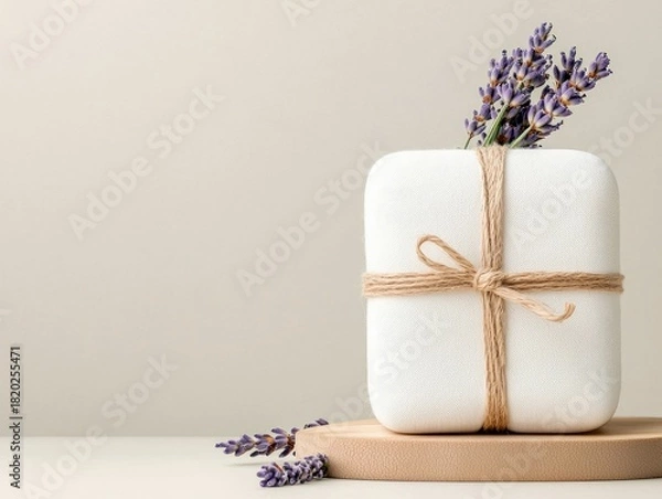 Fototapeta A white, square gift box with rounded corners, tied with twine and a bow, featuring fresh lavender sprigs emerging from the top. It rests on a light brown woode