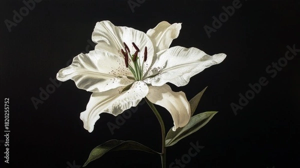 Fototapeta A single, elegant white lily flower with prominent stamens and delicate petals, set against a stark black background. The lighting highlights the texture and fo