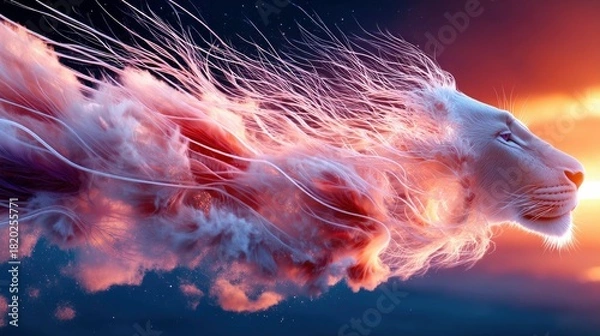 Fototapeta A profile view of a majestic white lion's head, its mane transforming into ethereal pink and orange clouds and wisps, set against a dramatic sunset sky with hin