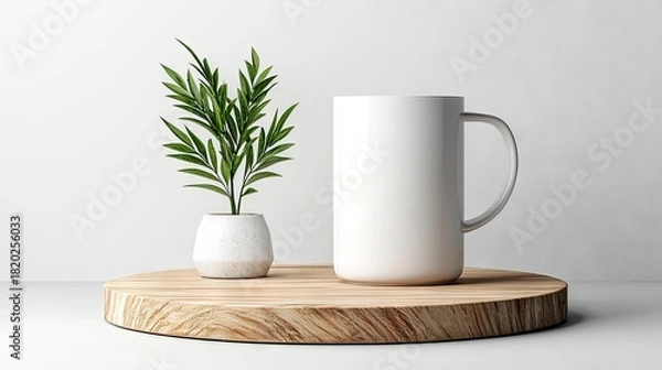 Fototapeta A clean white ceramic mug and a small potted green plant with delicate leaves are placed on a round, light-colored wooden stand against a plain white background