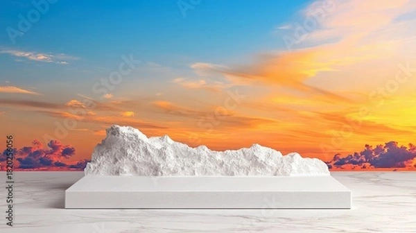 Fototapeta A white, textured mountain-like sculpture is placed on a white rectangular pedestal, set against a vibrant sunset sky with orange and blue clouds.