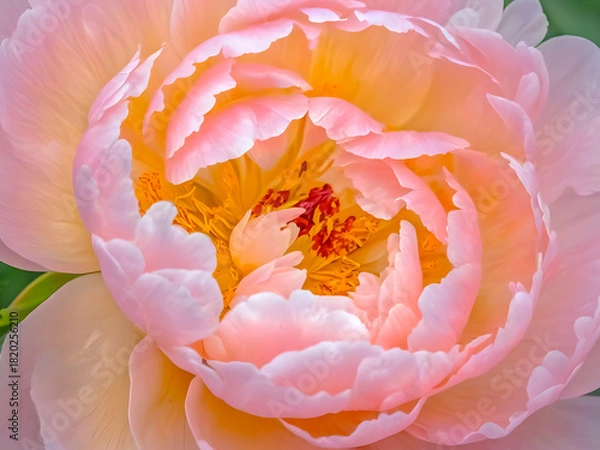 Fototapeta A radiant peony bursts with peach and pink petals, revealing fiery yellow and red stamens at its heart.