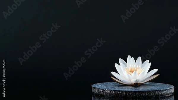 Fototapeta A single white water lily with delicate petals and a yellow center rests on a dark, textured pedestal against a deep black background. The lighting is soft and