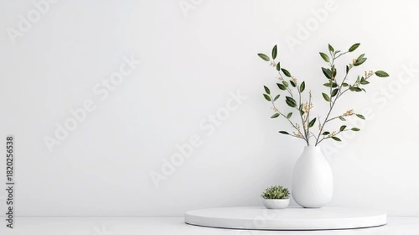 Fototapeta A white vase holding delicate green branches with small yellow flowers and a tiny succulent plant sit on a white circular pedestal against a plain white wall. T